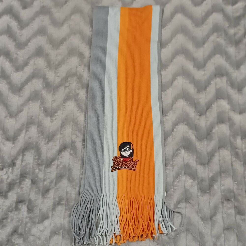 Disney Pixar Kids One Size Orange Gray Incredibles Violet Winter Knit Scarf
